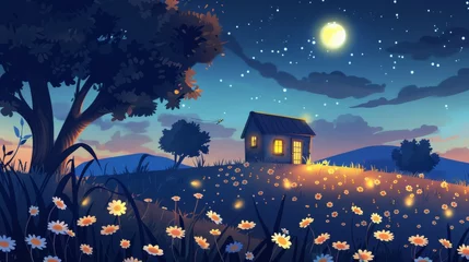  Cartoon spring or summer dusk landscape with blossoms and trees on a field. Meadow landscape with daisy flowers, firefly, and light in windows of one rural house at night. © Mark