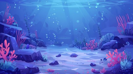 Tropical aquatic creatures on a seabed with corals and weeds, stones, and bubbles. Cartoon seabed landscape with corals, weeds, stones, and bubbles. Deep ocean, ocean, or aquarium sand bottom with - obrazy, fototapety, plakaty