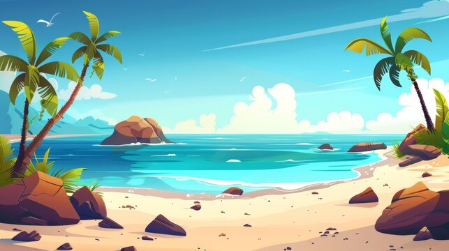 Sea beach landscape with calm blue water, sand and rocks, palm trees, cloudy sky. Cartoon modern scene of sand shore and ocean lagoon in paradise.