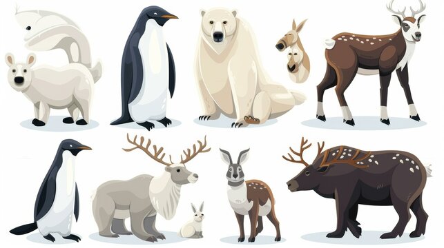 The polar animals are isolated on a white background. A set of wildlife images for zoo design, wild nature inhabitants are shown, including a penguin, an arctic bear, a walrus, reindeer, and a hare.