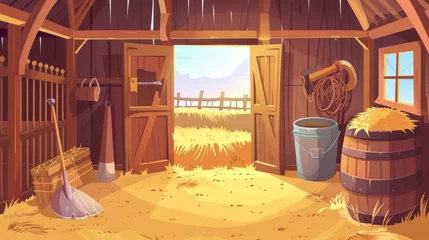 Fototapeten A modern cartoon illustration of a wooden barn with hay stacks, an old barrel, pitchforks, shovels, metal buckets, cloth sacks, and summer landscapes. © Mark