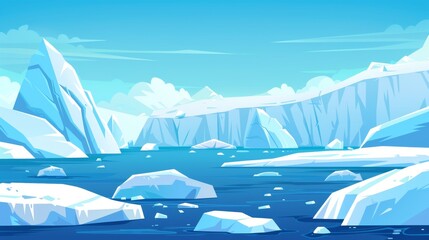 Fototapeta na wymiar Blue polar scenery drawing with icebergs floating in water. Cartoon modern illustration of glaciers and snow mountains. Cold northern horizon with snow floes.