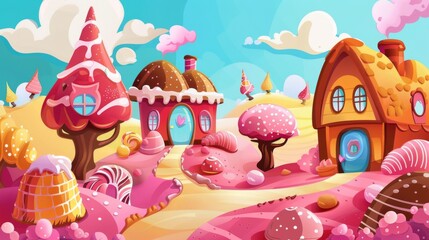 An amazing sweet dessert land with amazing houses, chocolate trees, and pink jelly grass. Cartoon modern landscape of a cute fantasy fairy sugar world with homes made of cake and cookies, caramel,