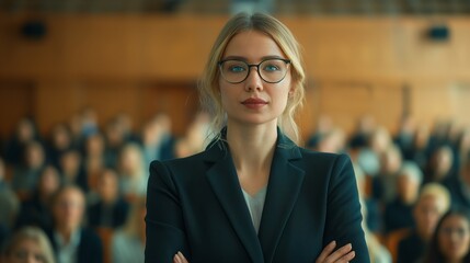 Fototapeta premium Young business woman in glasses listens attentively to a report at a conference