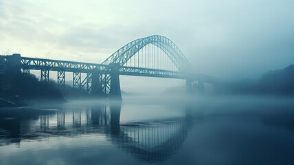A beautiful bridge with arches over the water in thick morning fog. Generated by artificial intelligence - Powered by Adobe