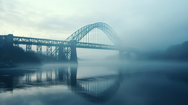 A beautiful bridge with arches over the water in thick morning fog. Generated by artificial intelligence