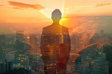 The double exposure image of the business man standing back during sunrise overlay with cityscape image.  - obrazy, fototapety, plakaty