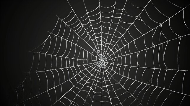 Spiderweb background for halloween concept. Modern scary spooky cobweb net on black backdrop. Creepy decoration texture with thin sticky thread line on dark. Arachnid trap concept.