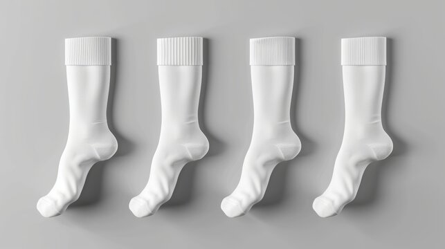 Blank white socks of different height 3d mockup. Realistic modern illustration set of low and mid toes on invisible foot and flat lying isolated. Simple fabric clothes footwear template.