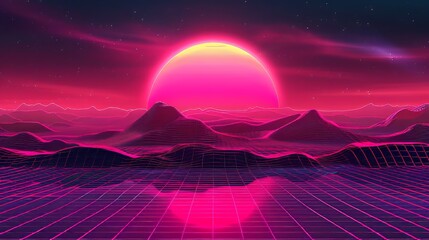 An abstract wireframe geometric hills landscape with neon pink sunset on a synthwave retro background. The background has a grid mountain and neon pink sunset.
