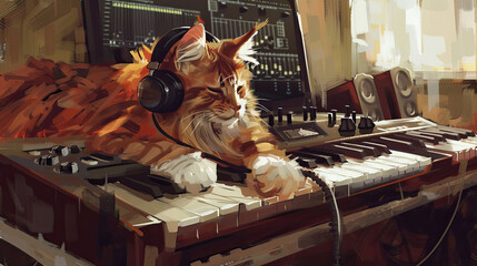 A cat is sitting at a keyboard, wearing headphones. The cats paws are resting on the keys as if typing