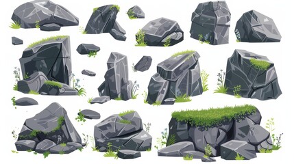 Detailed cartoon modern illustration set of large rock cliff for canyon hill landscape design. Land terrain boulder piles and vertical rocky rubble construction.