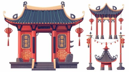 The traditional Chinese house or temple entrance features a roof, stairs, and lanterns. Cartoon modern illustration of the oriental building arch gate. Asian pavilion antique entrance with classic