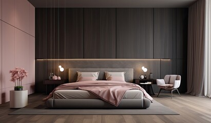 A clean and modern bedroom with wood flooring, wooden walls and windows