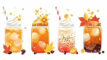 Fototapeten Cocktails, bubble tea, and coffee drinks with straws and splashes in glass jars. Modern illustration set of vanilla flowers, oranges, autumn leaves, cream foams, and pearls. © Mark