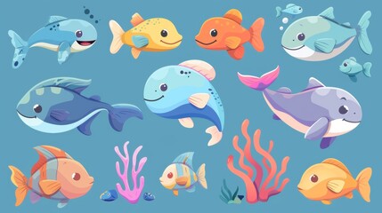 Cartoon fish with fins and smiling lips. A collection of funny sea creatures for aquariums or marine habitats.