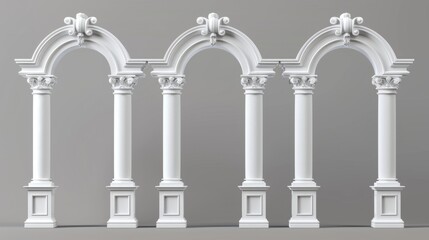 A white clay roman arch with decorative ornate decoration. Realistic 3D modern illustration of a Greek stone pillar of a temple building door or window. An elegant archway reminiscent of classical