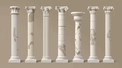 Decorative facade design of an ancient roman column made of white clay. 3D realistic illustration set of greek stone pillars.