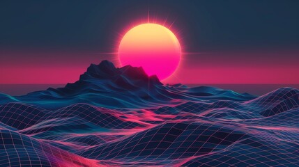 This abstract wireframe geometric hills landscape with sun features a synthwave retro background with grid mountains and neon pink sunset. It is a realistic modern illustration of a new retro wave