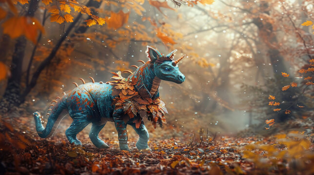 A mystical blue dragon, decorated with vibrant autumn leaves, walks through a foggy forest with trees cloaked in fall colors