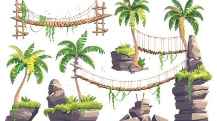Set of rope bridges isolated on white background. Modern illustration of wooden suspension footbridge, green lianas and palm trees, path between rock edges, jungle game user interface elements. - obrazy, fototapety, plakaty