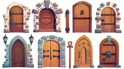 Isolated medieval wooden doors set on white background. Modern illustration of historical building design elements, stone porch, arch doorway with locked gate, iron doorknob, old architecture. - obrazy, fototapety, plakaty