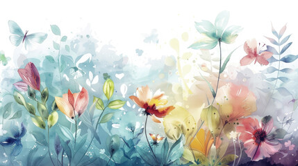 A painting showcasing vibrant flowers and delicate butterflies on a clean white background