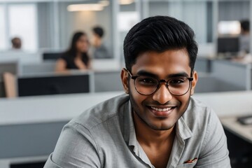 Obraz premium Indian programmer standing in the office. Professional Indian programmer or developer concept.