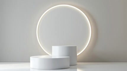 An illustration of a realistic modern illustration depicting a white cylinder podium of two heights with a wall, floor and light neon circle. The image provides a realistic modern illustration of a