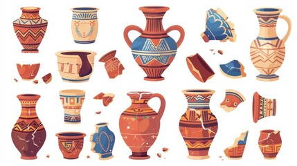 A collection of broken and cracked ancient pottery items decorated in Greek patterns. A cartoon modern illustration set of a set of antique ceramics and terracotta tableware that has been crashed in