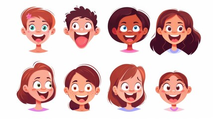 Cartoon modern illustration set of talking character face with a girl's mouth animation kit. A girl's mouth animation with various positions of her lips and tongue while speaking English.