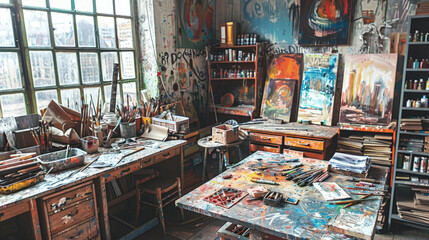 A room overflowing with paintings displayed on walls, shelves packed with various art supplies like paintbrushes, canvases, and paint tubes