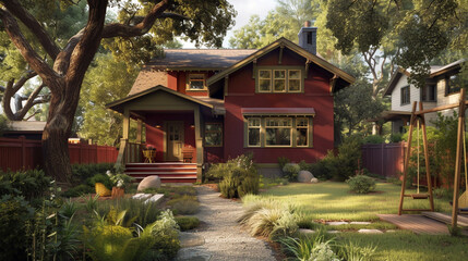 A craftsman style house in a rich maroon, featuring a backyard with a vintage swing set and a...