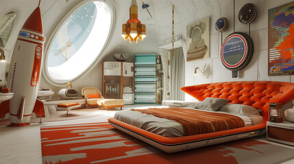 A master bedroom blending retro and futuristic styles, with unique furniture, a spaceship vaulted ceiling, and a rocket chandelier.