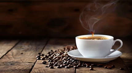 Fotobehang Cup of steaming hot coffee on wooden table © Soomro