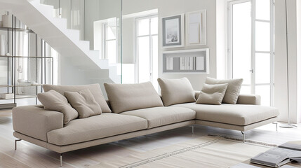 A modern living area with a beige sectional sofa and white frames, creating a clean and minimalistic atmosphere.