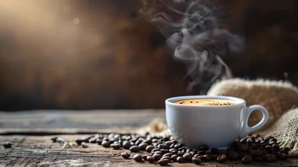 Foto op Aluminium Cup of steaming hot coffee on wooden table © Soomro