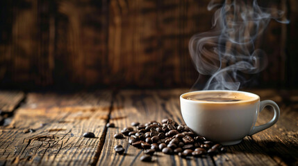 Cup of steaming hot coffee on wooden table