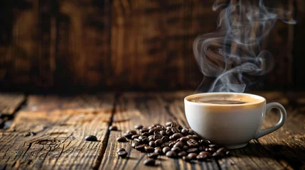 Foto op Aluminium Cup of steaming hot coffee on wooden table © Soomro