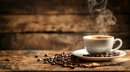 Cup of steaming hot coffee on wooden table