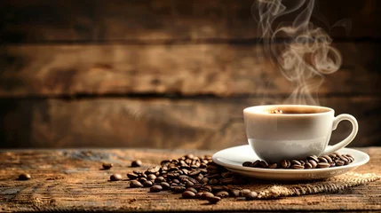 Tuinposter Cup of steaming hot coffee on wooden table © Soomro