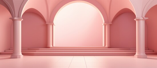 A pink room with multiple arches and stairs is shown, creating a unique and elegant architectural design. The room exudes a delicate and refined ambiance.