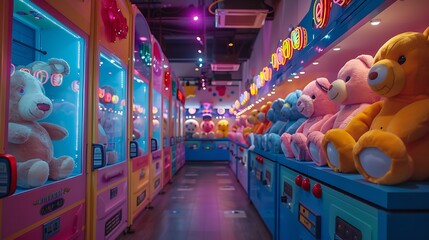 Sweet pink and blue arcade a lots of doles on playground AI Image Generative - obrazy, fototapety, plakaty