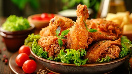 Savor the spicy delight of hot, crispy fried chicken, expertly seasoned and paired with fresh vegetables for a satisfying and flavorful culinary experience that combines crunch and freshness. - obrazy, fototapety, plakaty