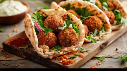 Indulge in the delectable fusion of a Falafel Pita Sandwich featuring spicy meatballs, crispy falafel, fresh vegetables and herb infused goodness, all wrapped in a soft flatbread. 