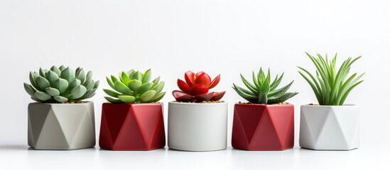 A group of red and green succulent plants placed in modern geometric cement planters stacked on top of each other on a white wood shelf. The plants are neatly arranged in a row,