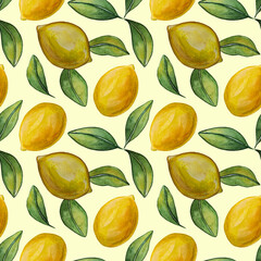 Cute seamless pattern of hand drawn colorful lemons and leaves. Watercolor illustration. - obrazy, fototapety, plakaty