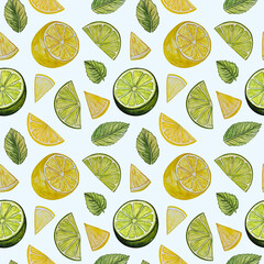 Cute seamless pattern of hand drawn colorful halves and slices of lemons, limes and leaves. Watercolor illustration. - obrazy, fototapety, plakaty