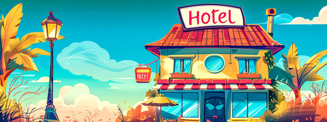 Colorful cartoon hotel illustration with scenic sunset