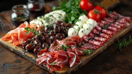 Wooden cutting board showcasing a mix of meats and veggies